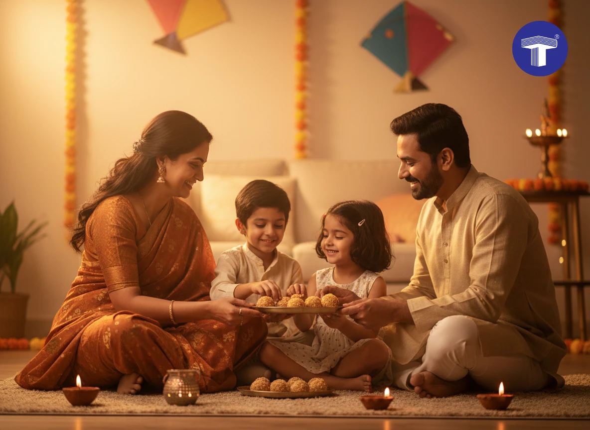 Indian family celebrating Makar Sankranti at home with traditional sweets and warm lighting