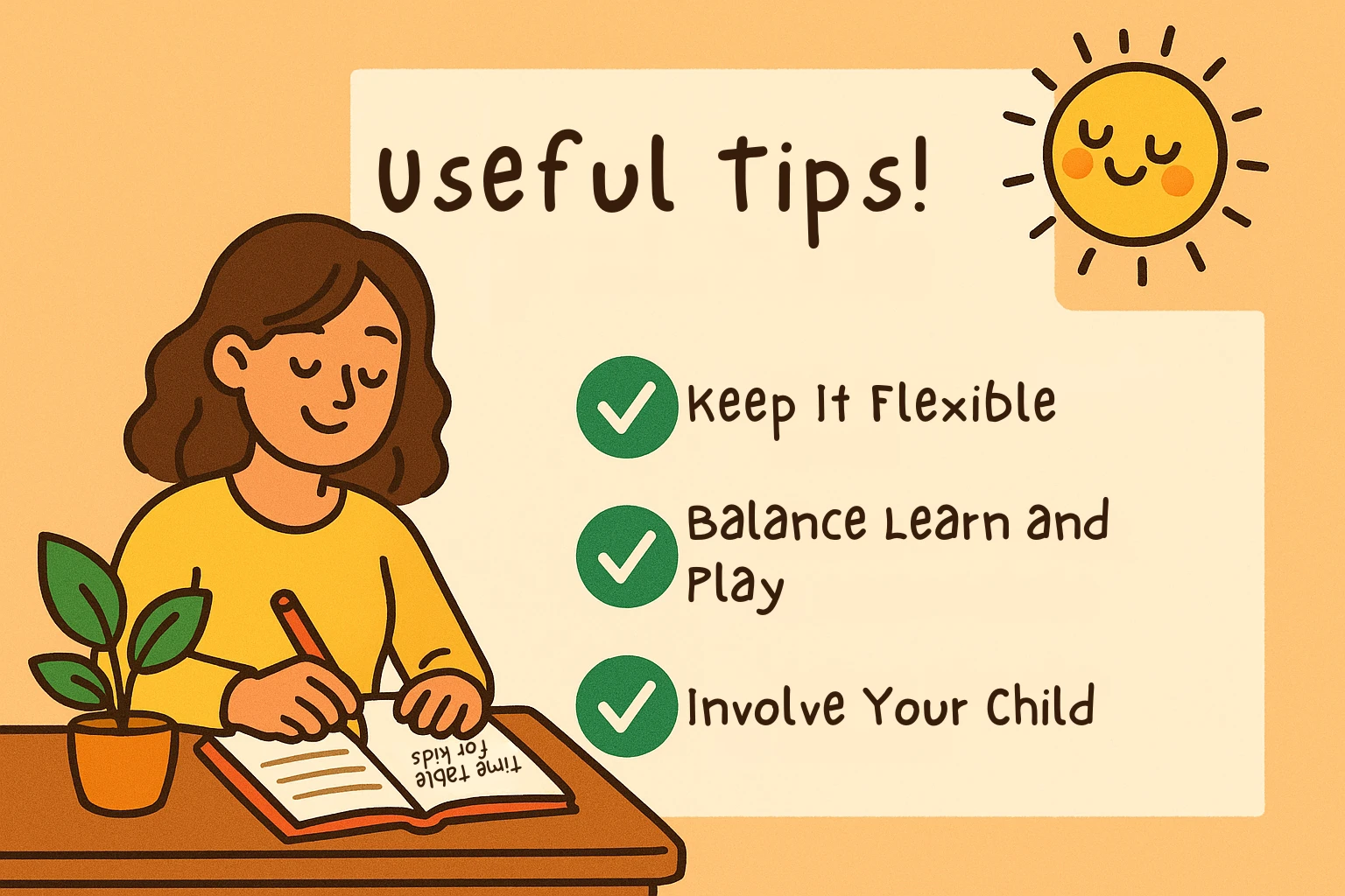 Illustration of a parent writing a timetable with tips for building routines for kids, including: keep it flexible, balance learning and play, involve your child
