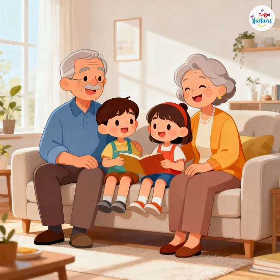 Cartoon illustration of Indian grandparents sitting with grandchildren in a cosy living room showing the strong role of grandparents in a family