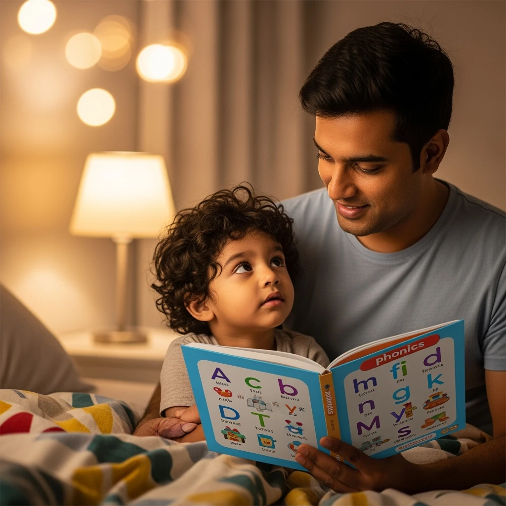 Indian father teaching phonics for kids through a colourful alphabet book while reading bedtime stories with his young child in a cosy bedroom setting