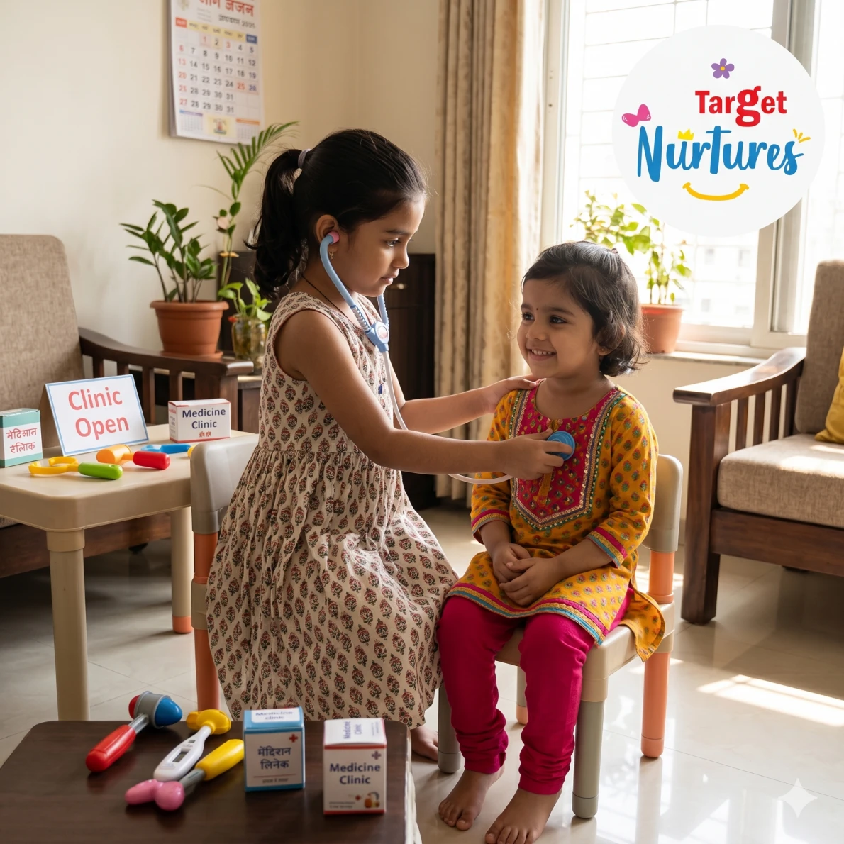 A toddler engaged in pretend play with a friend to improve social skills