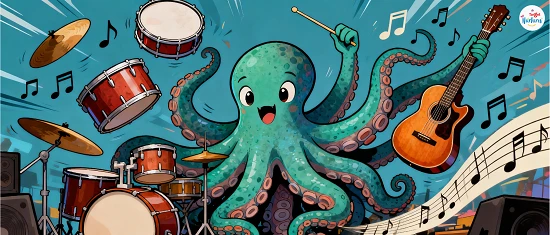 Cartoon octopus playing multiple instruments, music chaos everywhere