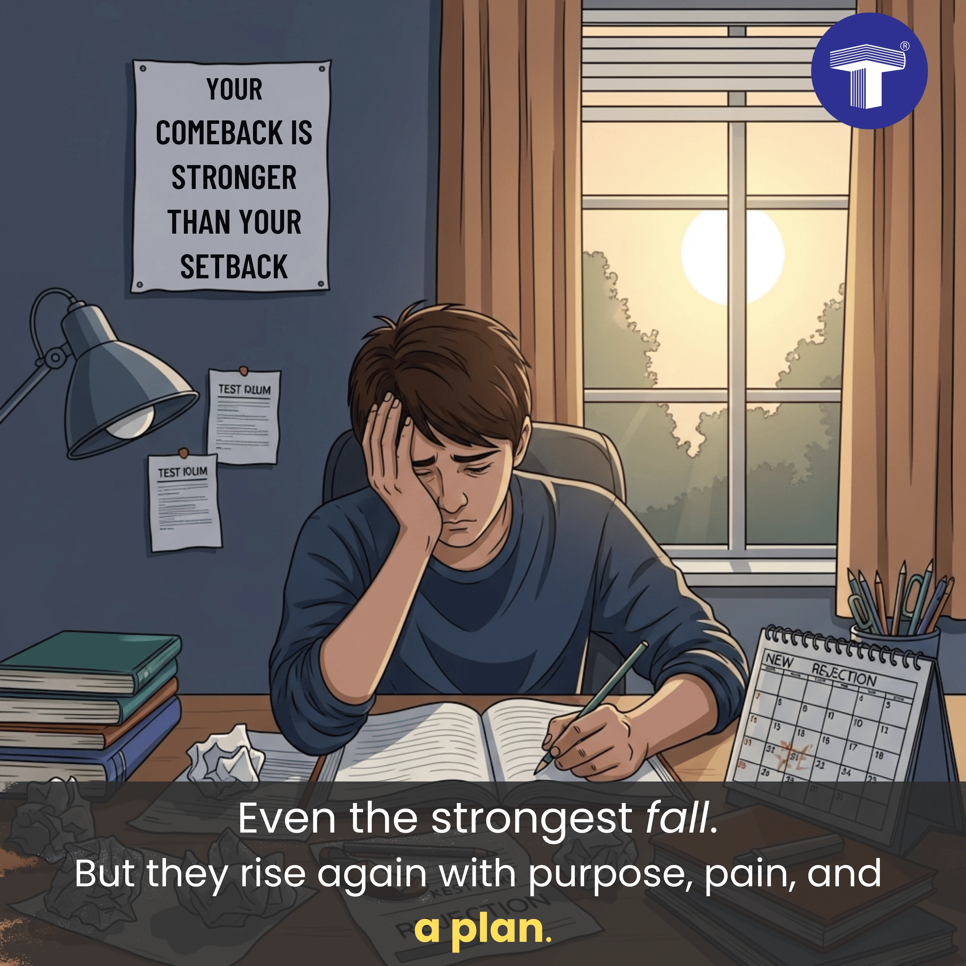 Stressed student studying at sunset with a motivational quote about comeback, surrounded by books, notes, and a marked calendar