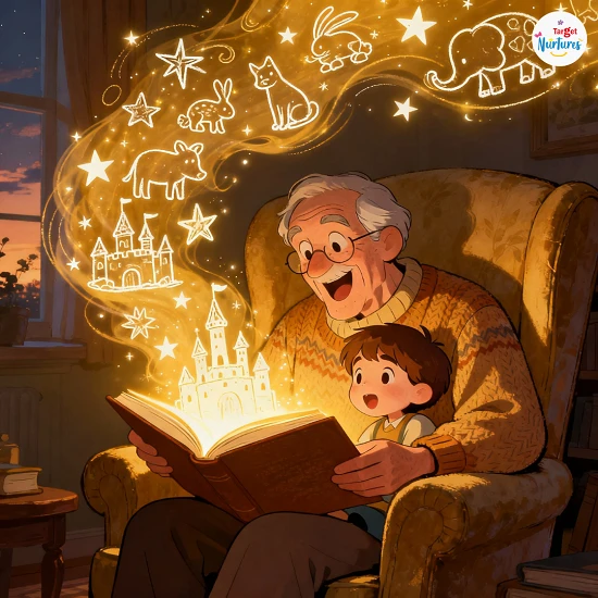 Cartoon grandfather reading a storybook to a child with imaginative doodles, showing the unique learning style nurtured by grandparents