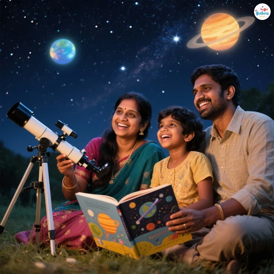 An Indian family sitting under the night sky with a telescope and an open children’s space book; joyful moment encouraging kids to learn fun facts about space and astronomy