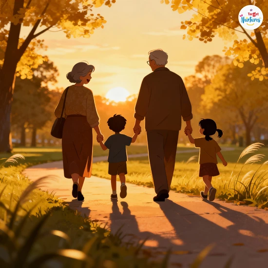 Animated grandparents walking hand in hand with grandchildren during sunset, reflecting the lifelong value and importance of grandparents