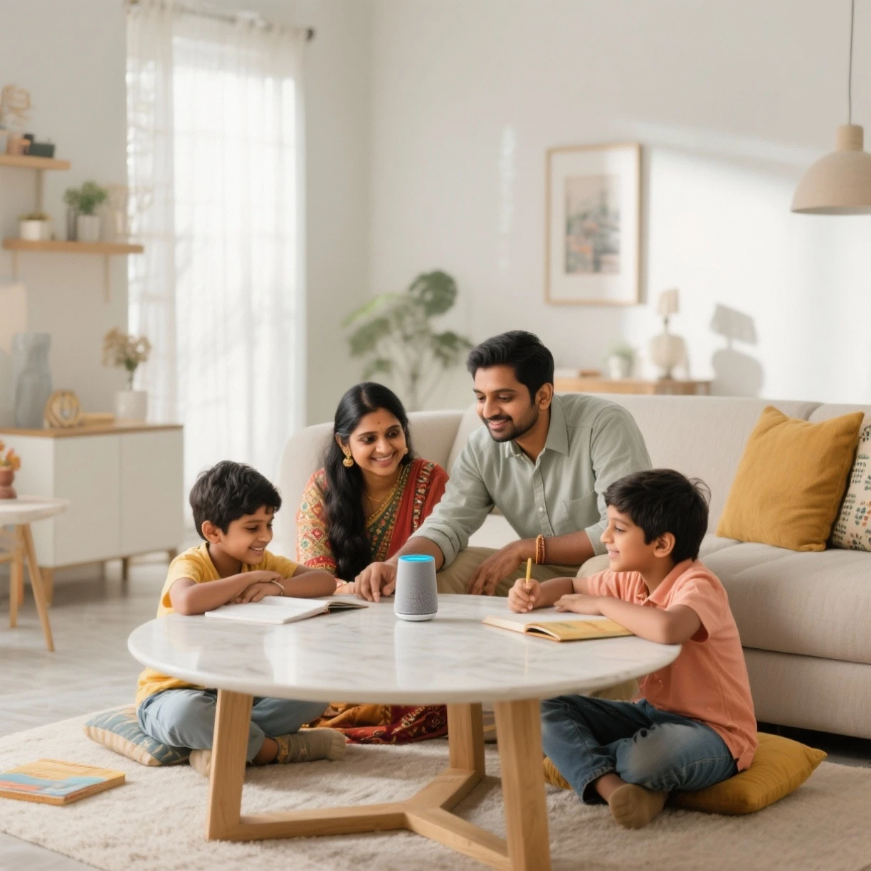 Indian family using AI-powered parenting apps on devices at home