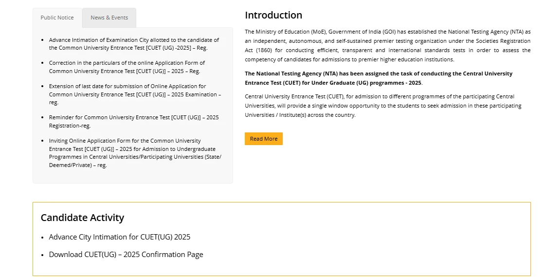 Screenshot of the CUET (UG) 2025 official website showing the Public Notice and News & Events sections, including important updates related to exam city intimation slip