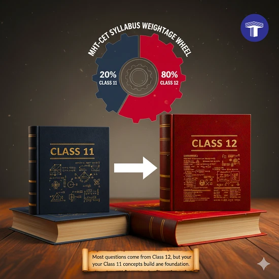 MHT CET 2026 syllabus weightage showing 20% Class 11 and 80% Class 12 with concept books and preparation visual