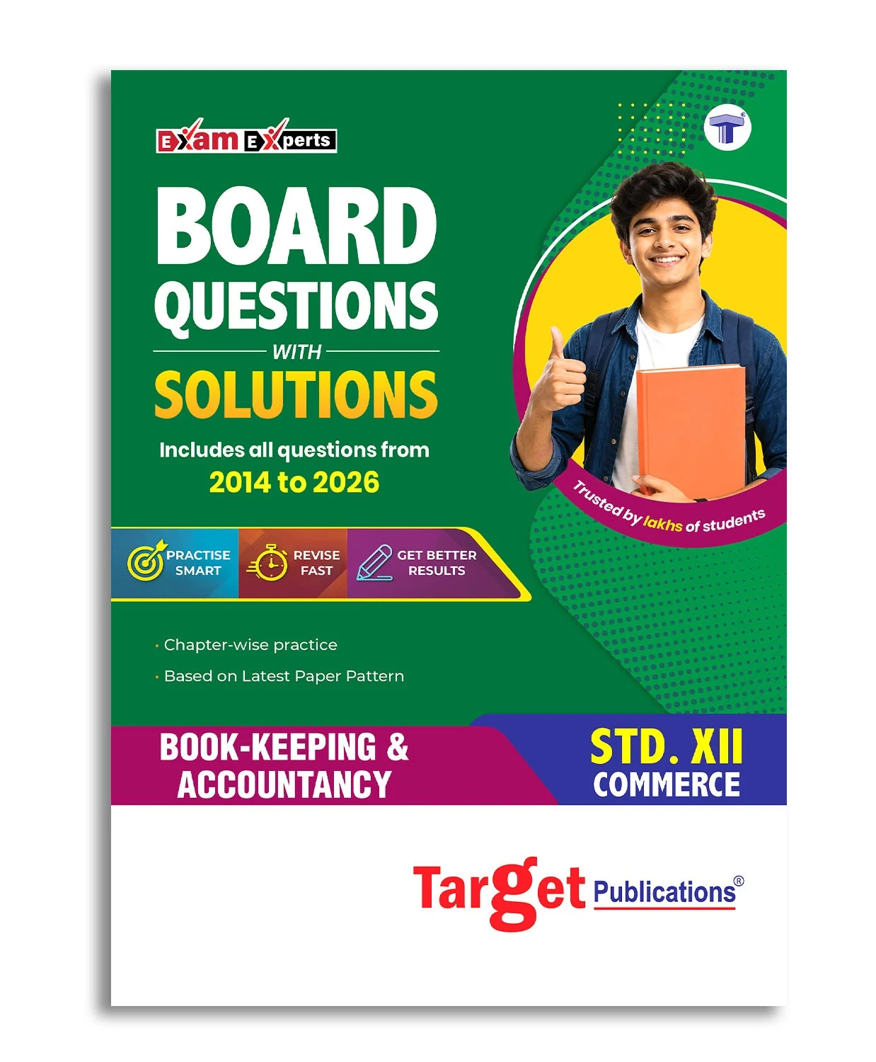 Std. 12 Commerce Book-Keeping and Accountancy Board Questions with Solutions book featuring chapter-wise practice from 2014 to 2026