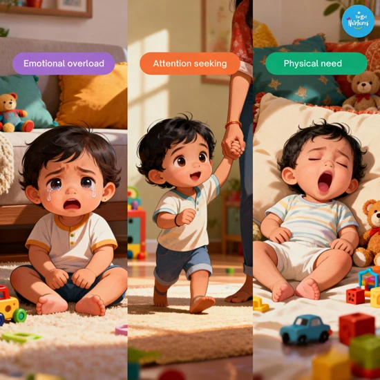 Three toddlers showing different tantrum types; emotional overload, attention seeking and physical need tantrums in a colourful Indian household illustration
