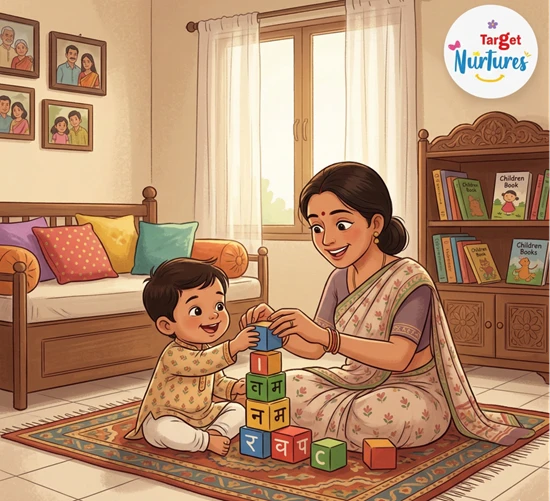 Parent and toddler building fine motor skills together through block play