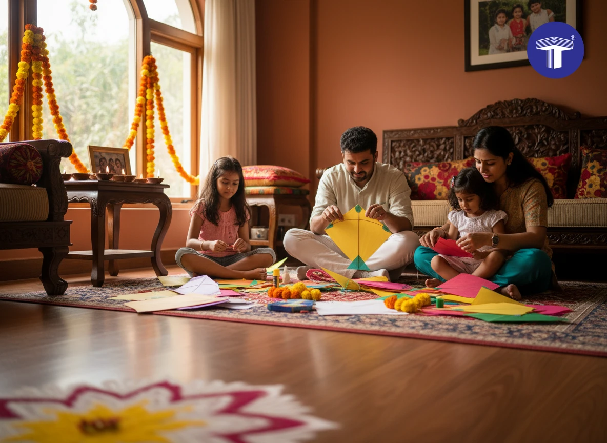 Indian family making colourful kites together at home during Makar Sankranti celebration