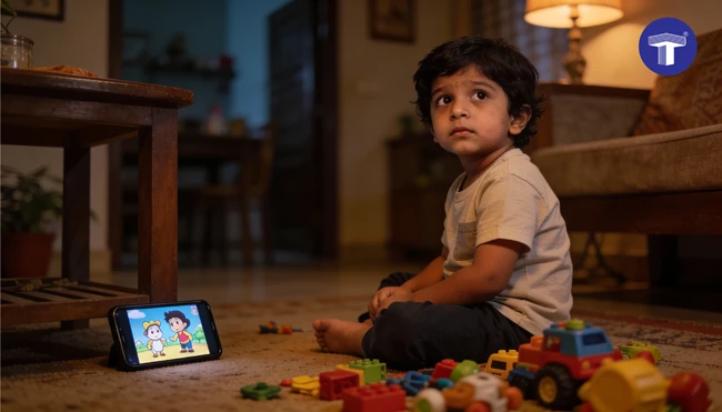 Young Indian child distracted by mobile video while playing, illustrating unplanned screen time for kids in a home setting