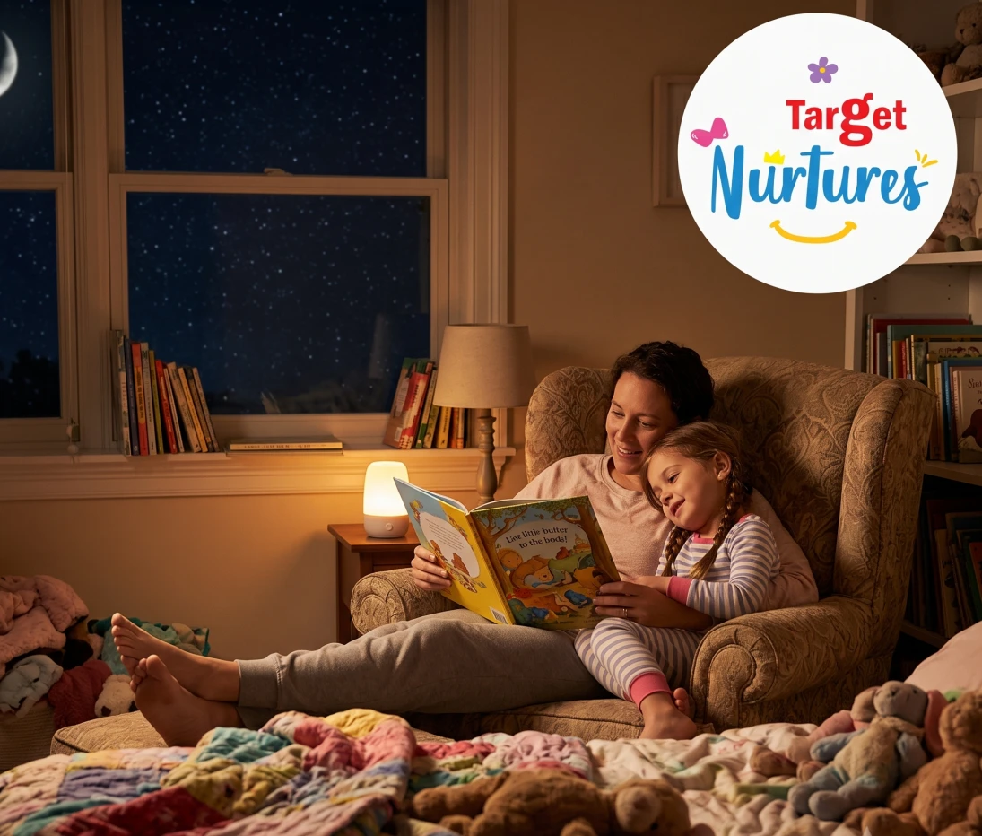 A parent and child reading a bedtime story together in a cosy environment