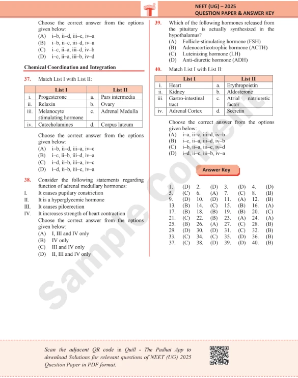 NEET UG 2025 Biology question paper with answer key sample page