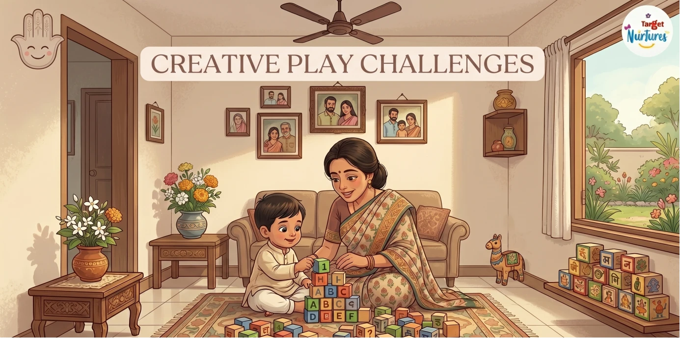 A toddler playing with wooden blocks on a tidy floor with a parent, improving concentration without gadgets