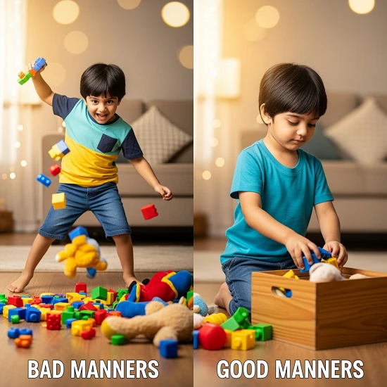 Split scene of an Indian child, left side throwing toys on the floor (bad manners), right side carefully putting toys back in a box (good manners)