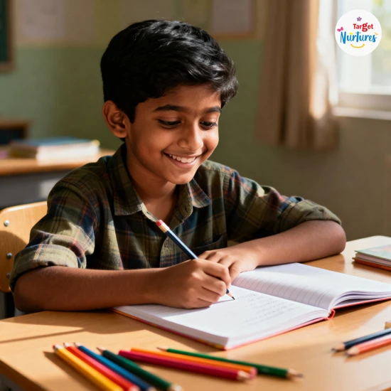 Indian child doing daily writing practice at home