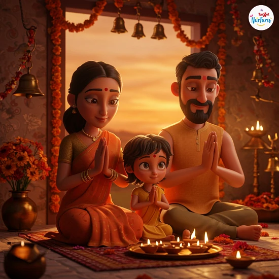 Indian parents and young child sitting together in evening prayer, chanting softly near a home temple with diya and bells, warm aesthetic lighting, expressing calm, togetherness and spiritual bonding