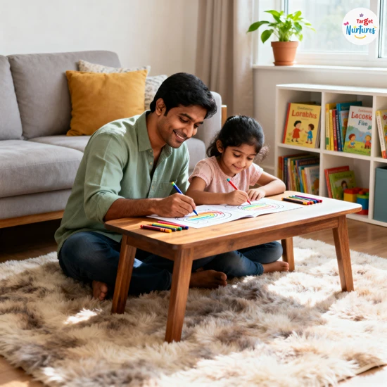 Indian parent and child colouring together at home for bonding