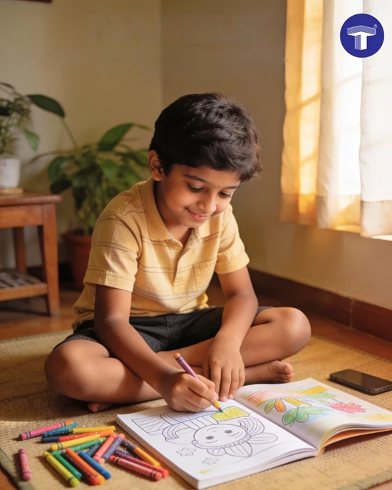 An Indian child relaxing after school while colouring and using an activity book at home, showing creative screen-free after-school activities for Indian kids