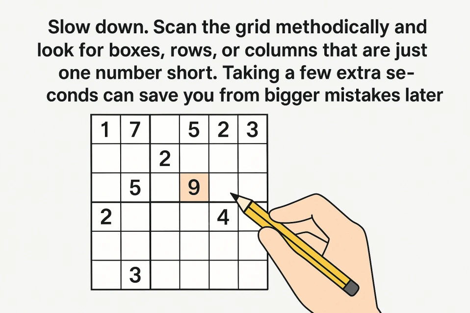 Illustration showing a hand holding a pencil while solving a Sudoku puzzle, with a reminder to slow down and scan the grid methodically.