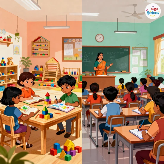 Colourful animated split-screen showing Montessori education and traditional preschool environments side by side with Indian children learning differently.