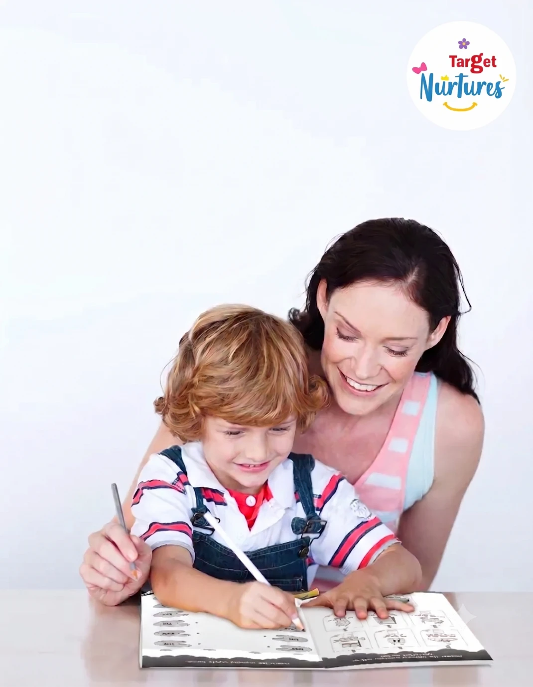 A parent and child sitting together looking through a colourful NEP aligned activity-based book for preschoolers
