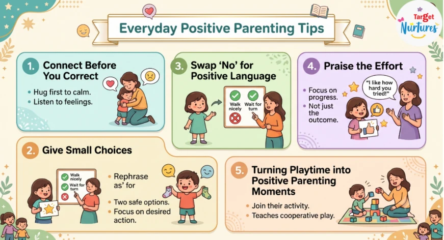 A list of simple, everyday tips to implement positive parenting for toddlers