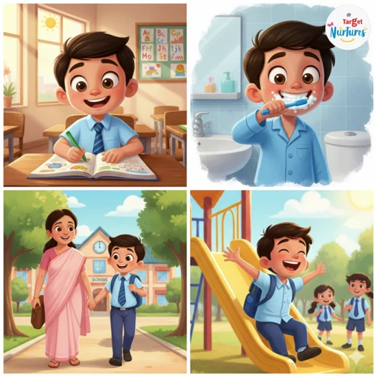 A child happily brushing teeth, going to school and studying