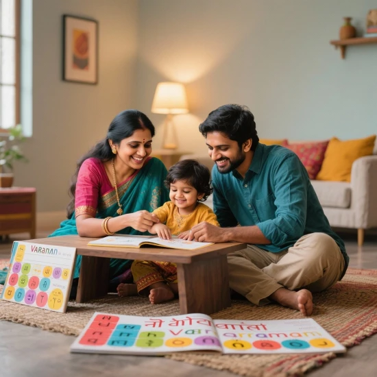 Smiling Indian family teaching their child Hindi Varnamala at home using colourful books and charts