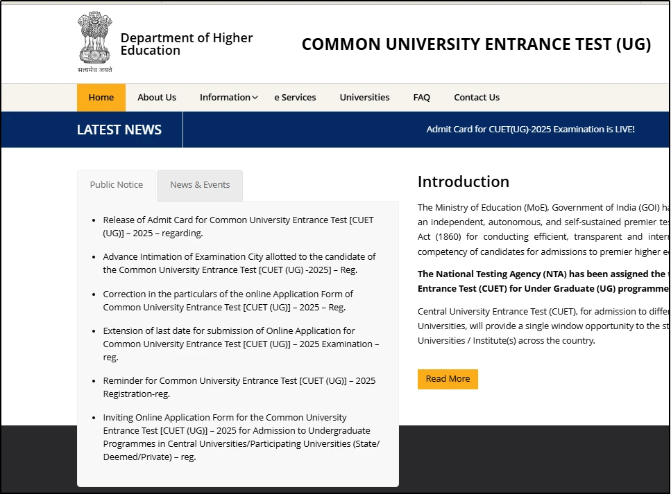 Official CUET UG 2025 website displaying exam updates and admit card release notice