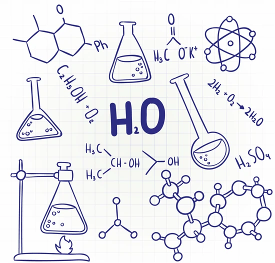 Hand-drawn physical chemistry doodles showing lab glassware, molecules, and chemical formulas on a grid background