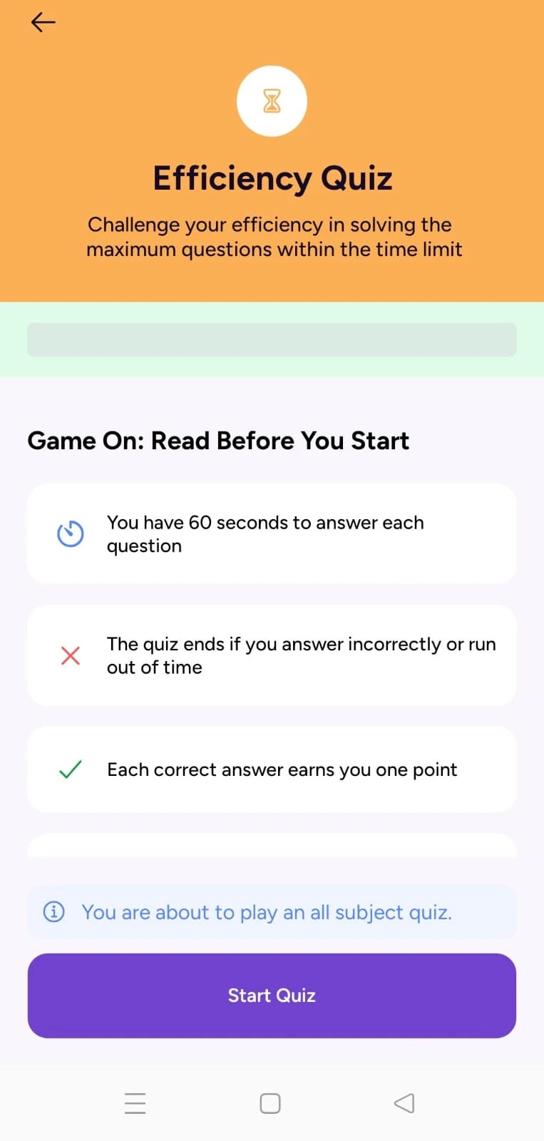 Tayari exam prep app efficiency quiz screen with timed questions to improve speed for NEET, JEE Main and MHT CET practice