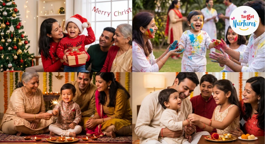 Toddler celebrating various Indian festivals together with his family
