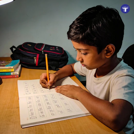 Primary school child developing handwriting and writing skills