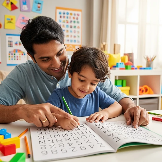 Indian parent guiding preschooler tracing letters in alphabet tracing books