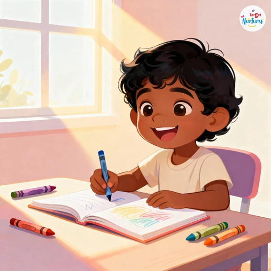 Indian child colouring in a book with crayons in natural light