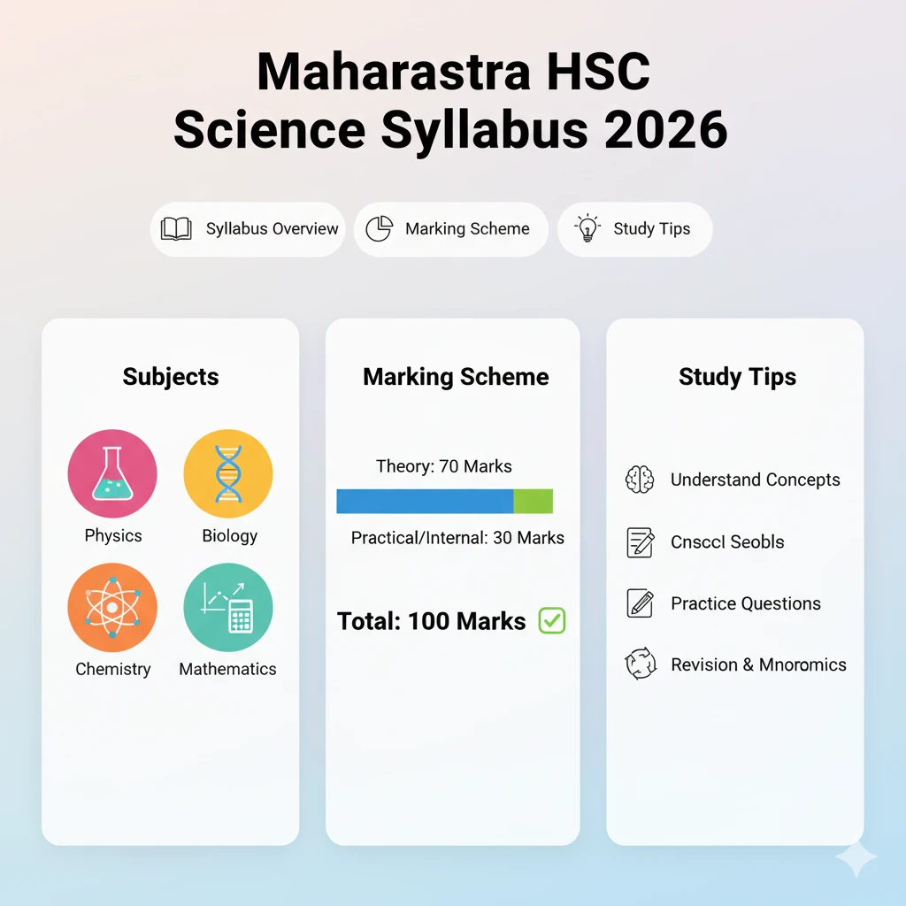 Infographic showing Maharashtra HSC Science Syllabus 2026 with subjects, marking scheme, and study tips for students.