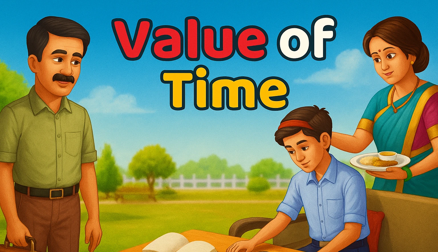 Illustration of a boy studying clocks at a table while his mother serves food and his father stands nearby with a briefcase, emphasizing the value of time”
