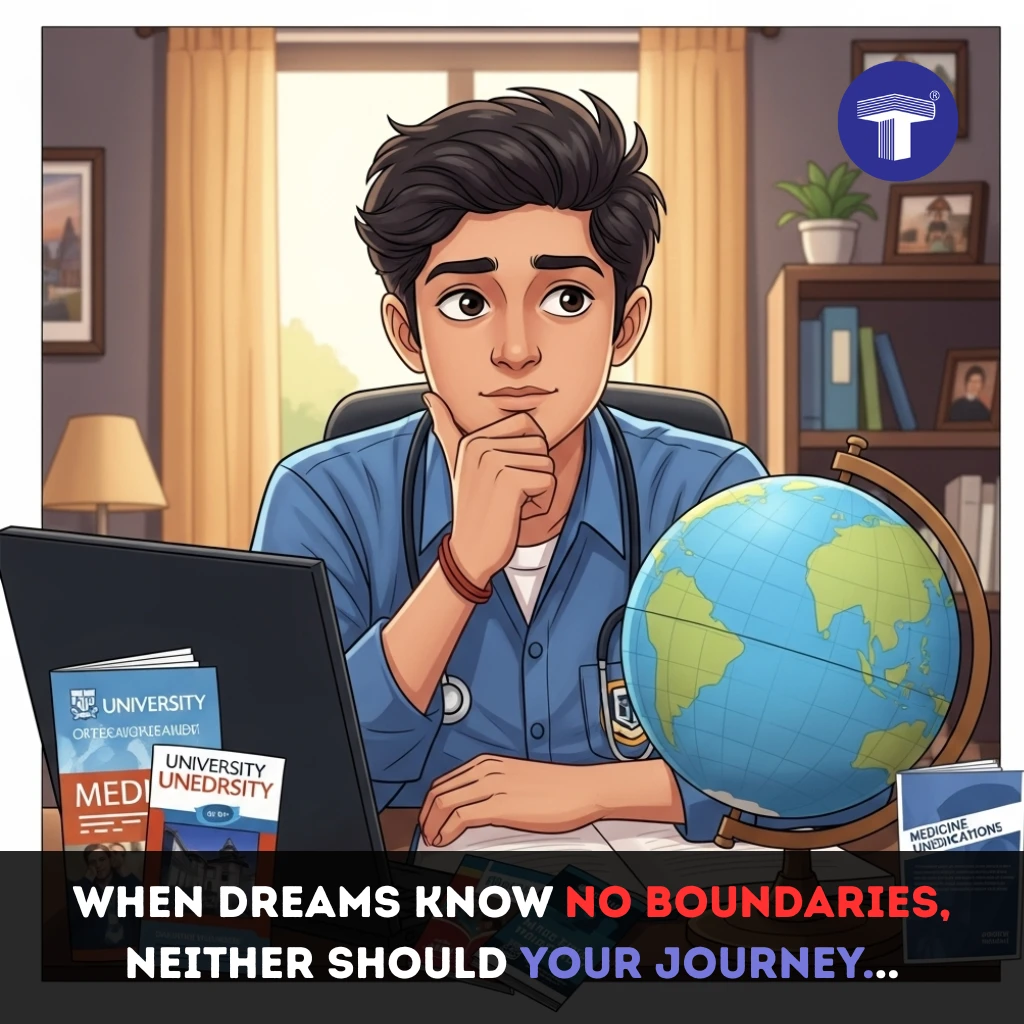 Young student in medical attire thinking while looking at a globe, surrounded by MBBS abroad brochures and study materials