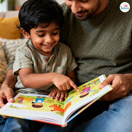 Preschool child reading a picture book with a parent