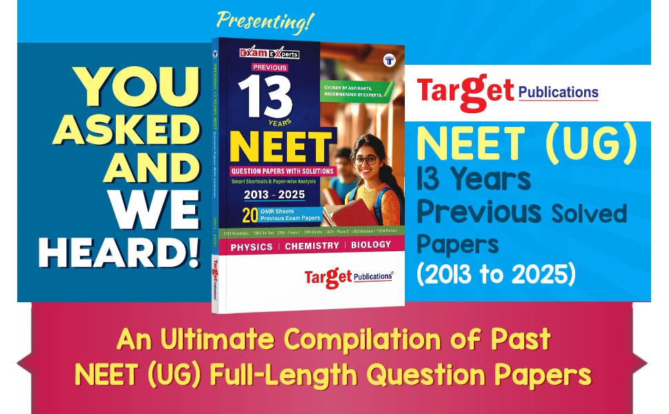 Cover of NEET 13 Years question papers book with solutions, including Physics, Chemistry, Biology, OMR sheets, and mock tests for NEET exam practice