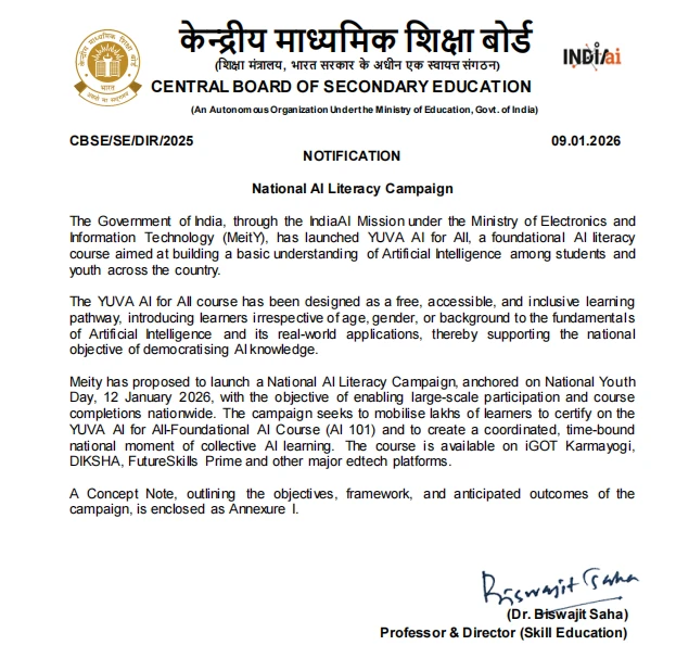 CBSE official notification announcing the National AI Literacy Campaign YUVA AI for All dated 09 January, 2026