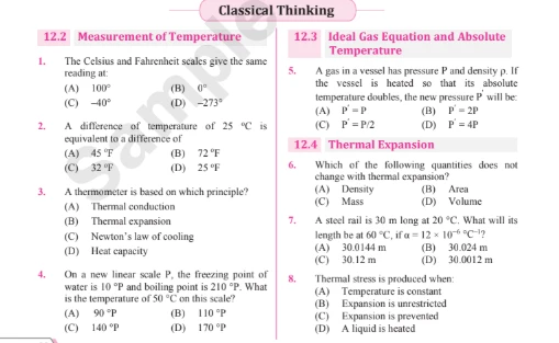 NEET JEE Physics classical thinking questions on temperature, ideal gas equation and thermal expansion
