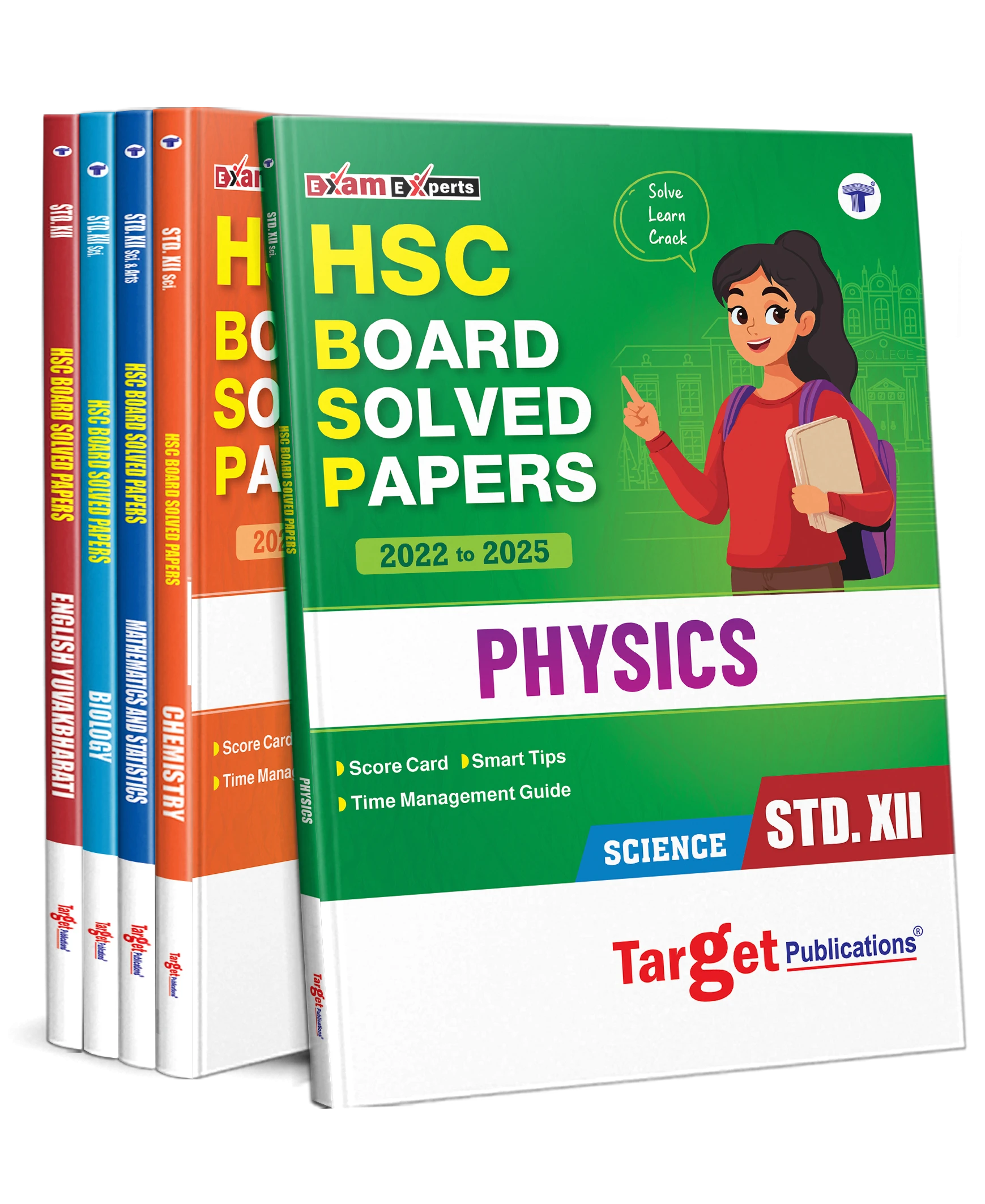Target Publications' HSC Board Solved Papers for PCMB and English, featuring score card, smart tips, and time management guide.