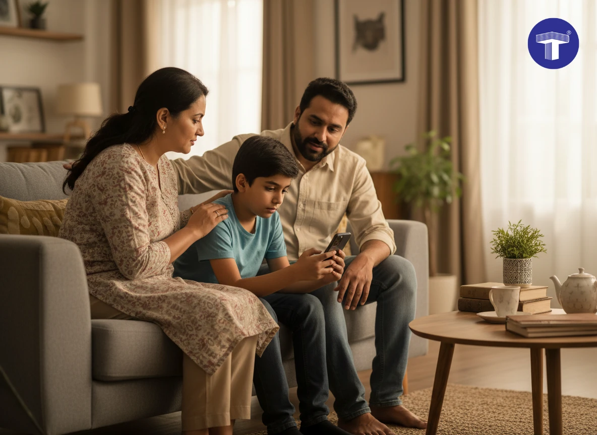 Indian parent calmly talking to a child about responsible smartphone use at home