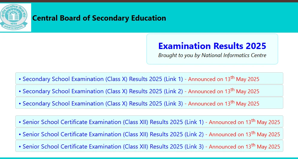 CBSE 2025 Class 10 result announcement links on the official website with results for different regions.