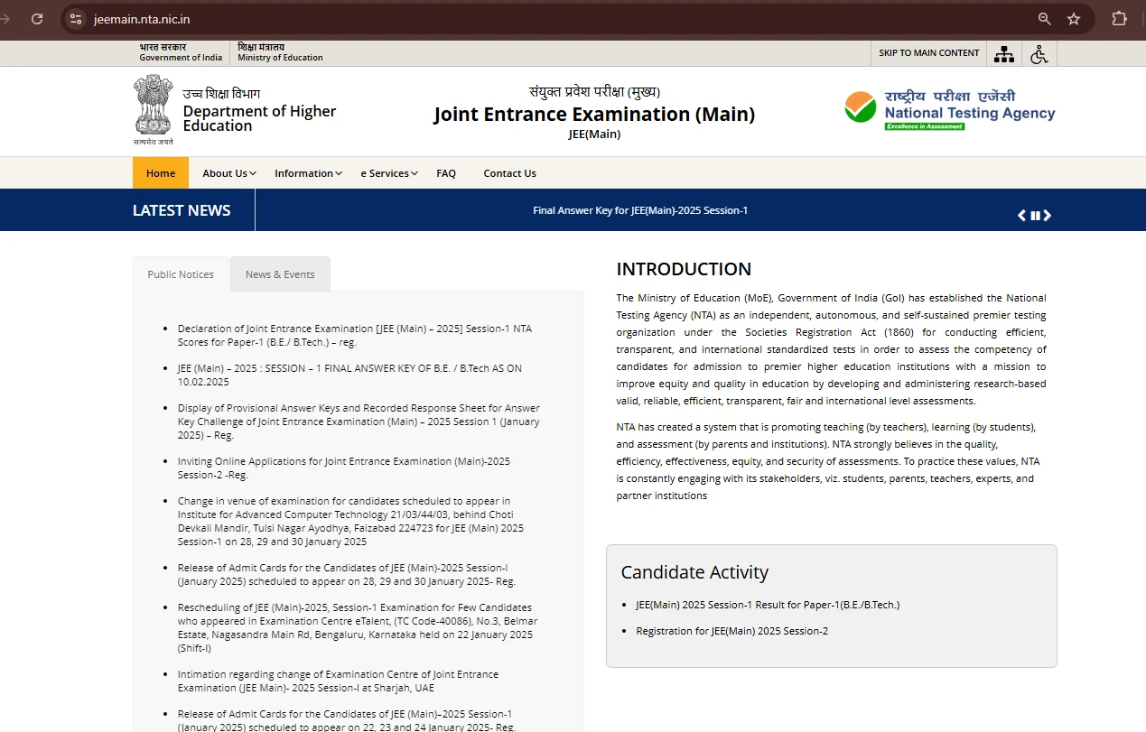 JEE-Main 2025 Official Website homepage